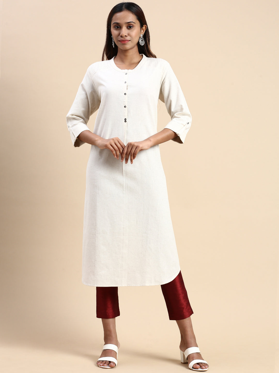 Twara White unique tiny motifs printed 3/4th sleeve cotton straight cut  kurti